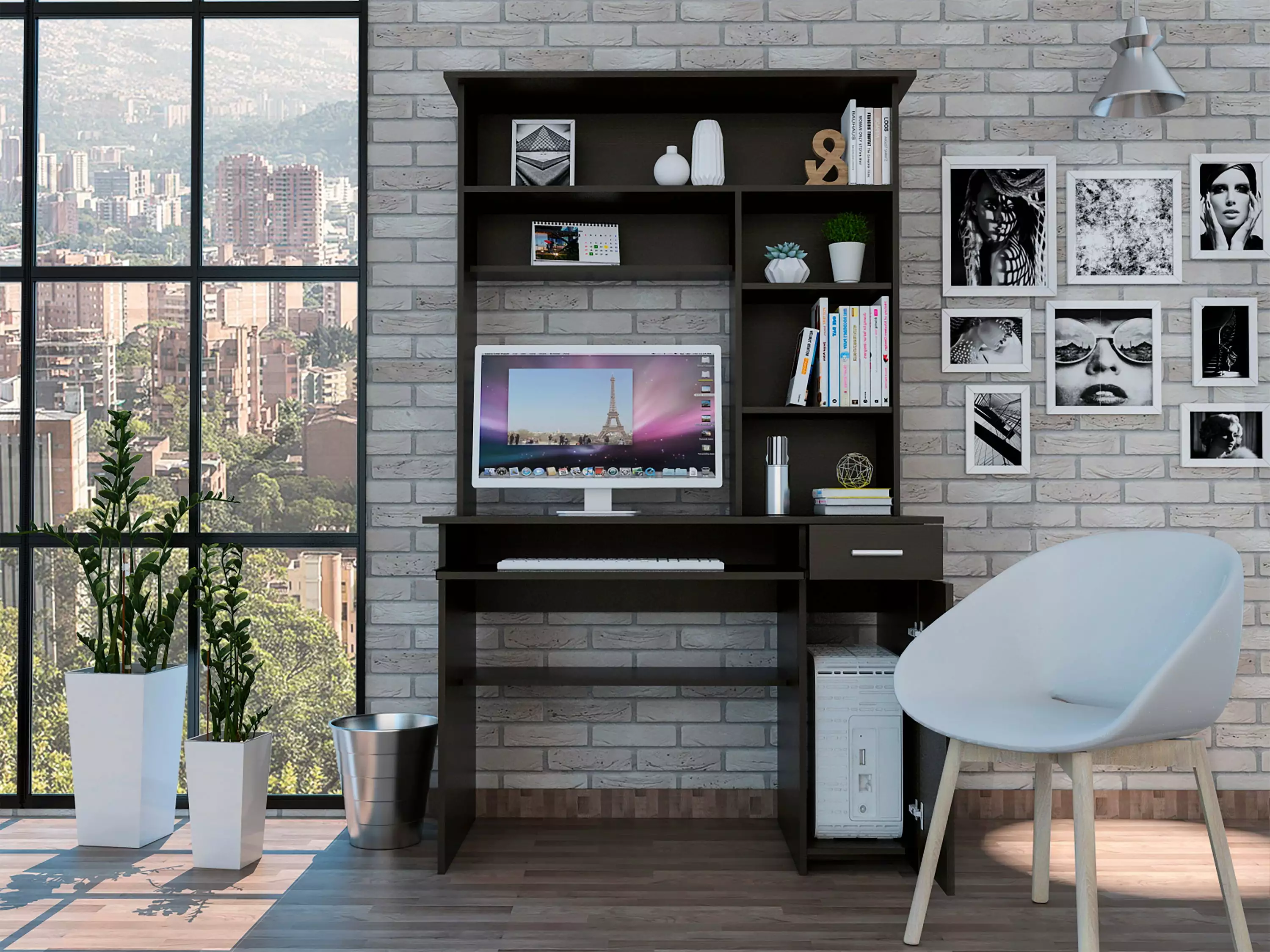 Aberdeen 2-Drawer 7-Shelf Computer Desk Hutch Black - Functional Home Office Desk Go Green Woods
