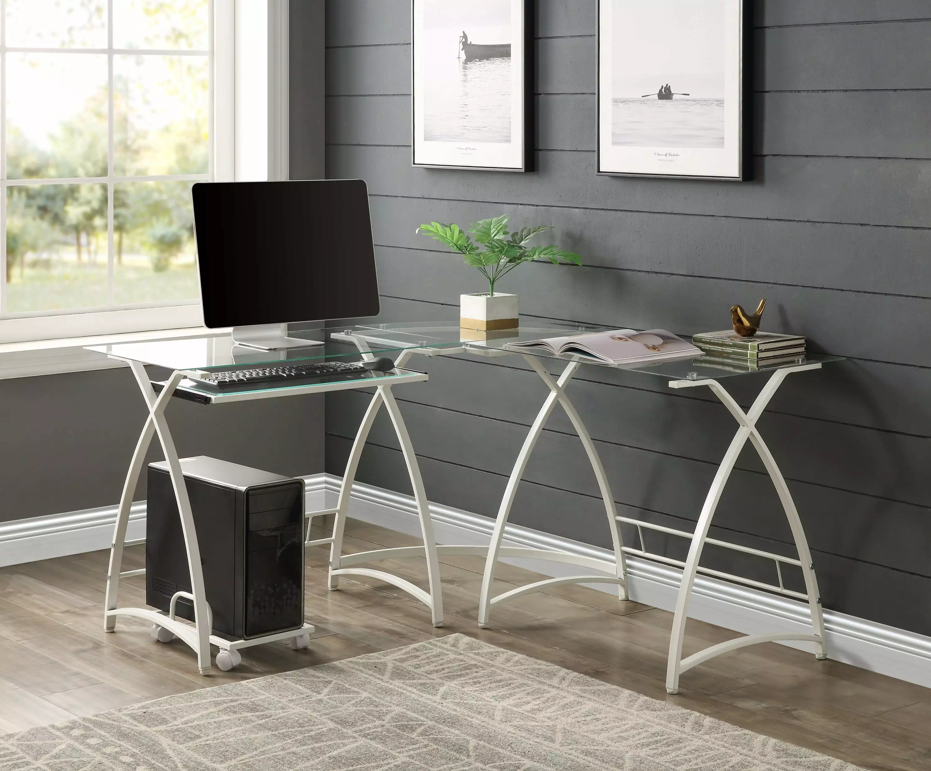 Luxe Glass Computer Desk Modern Tempered Glass Home Office Desk Metal Frame Go Green Woods