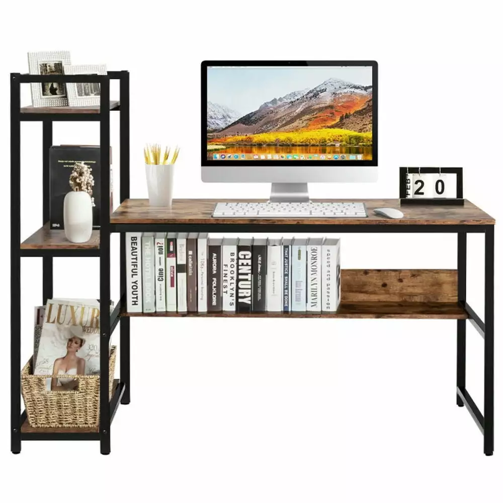 GVN 59-Inch Rustic Brown Computer Desk 4-Tier Storage Shelves Bedroom and Gaming