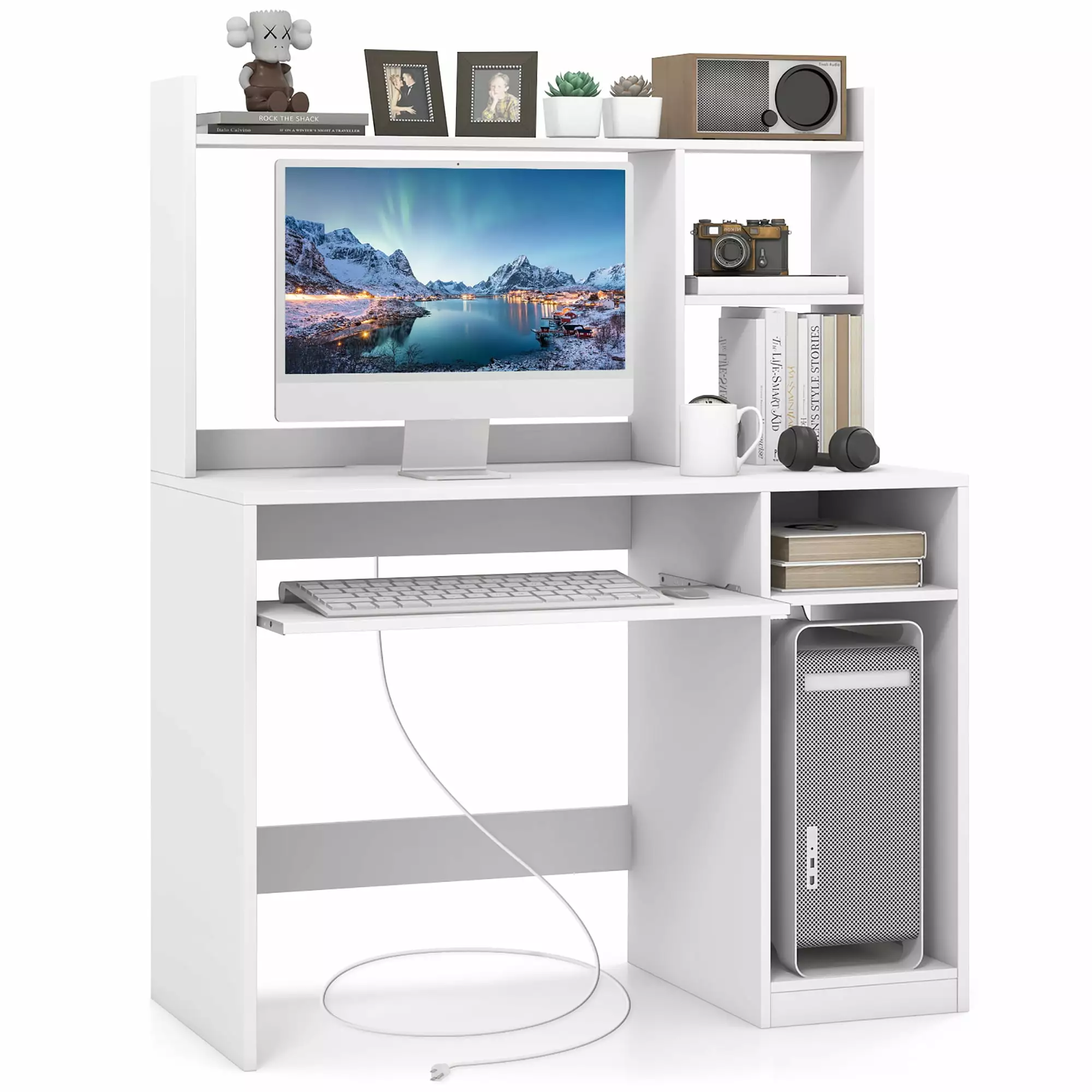 Gymax Computer Desk Built- Charge Station Wooden Writing Desk Storage Hutch Home Office