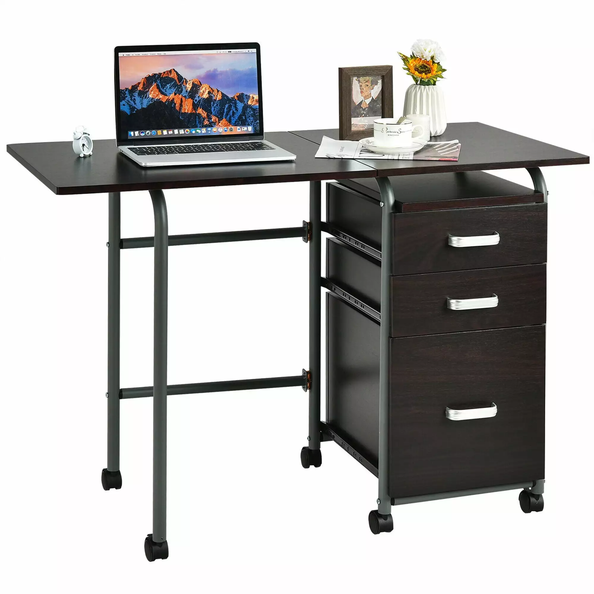 Gymax Folding Computer Laptop Desk Wheeled Home Office Furniture 3 Drawers Brown