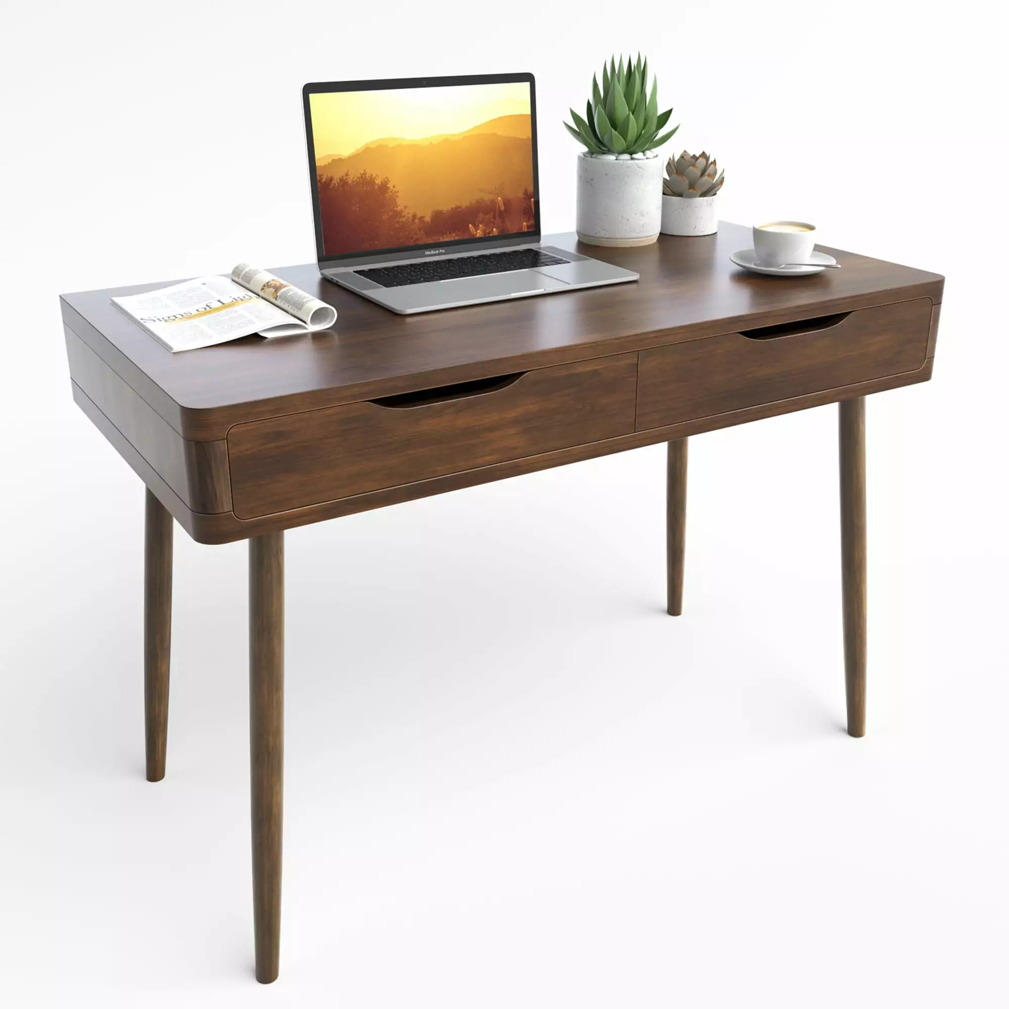 Gymax Mid-Century Computer Desk 2 Drawers Study Workstation Laptop Table