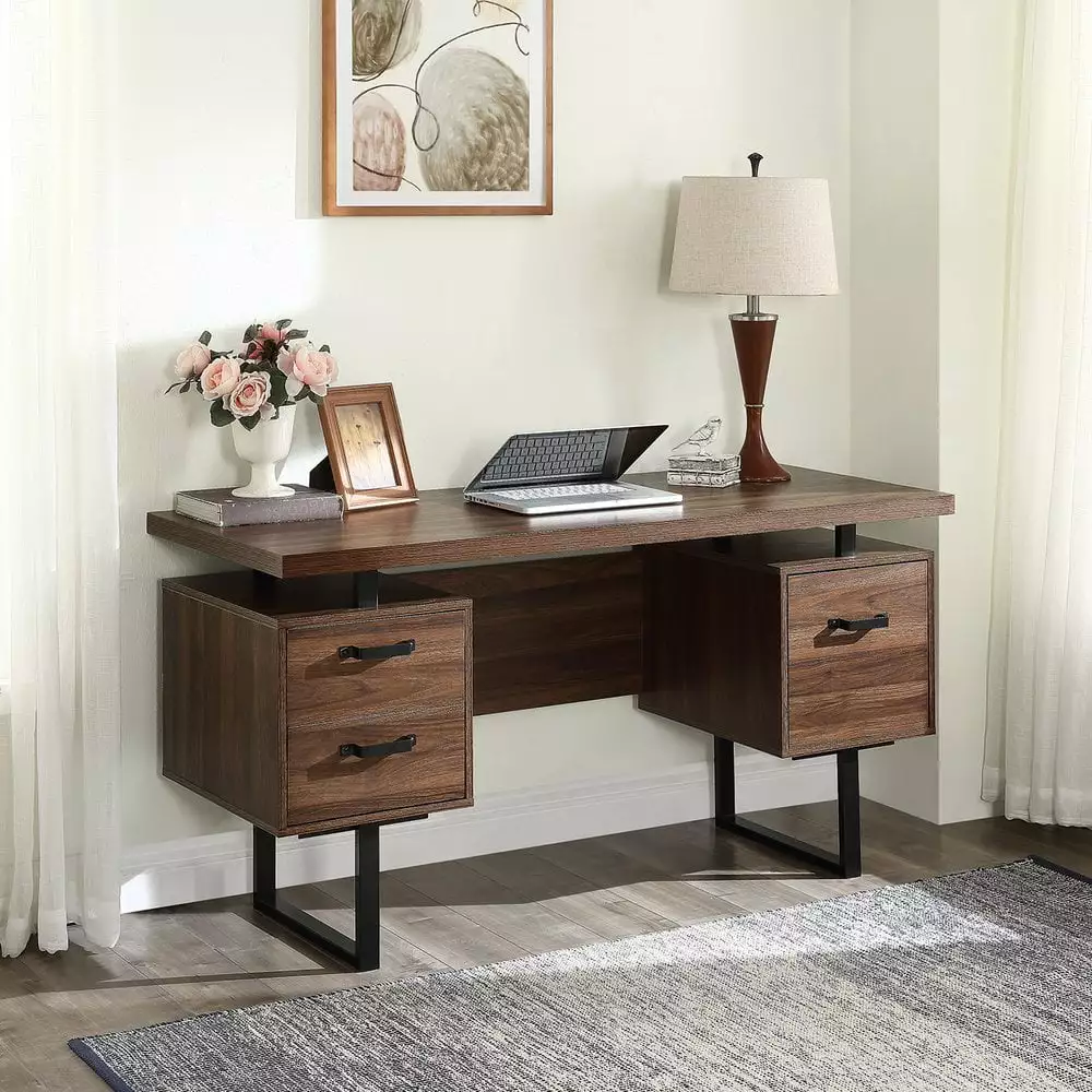 Hassch 59 Inch Home Office Computer Desk Drawers Hanging Letter-size Files Writing Study Table Brown