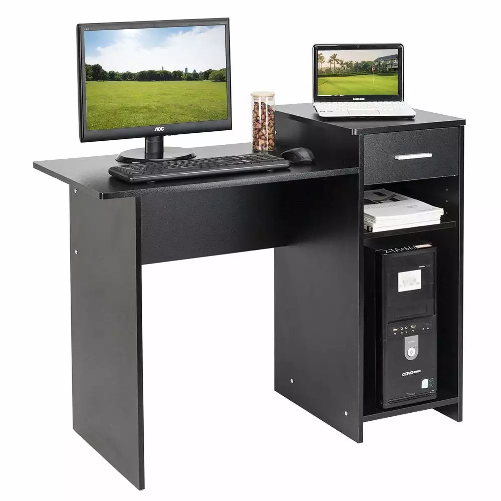 Hassch Wooden Computer Desk Drawer - Study Table Open Shelf Black