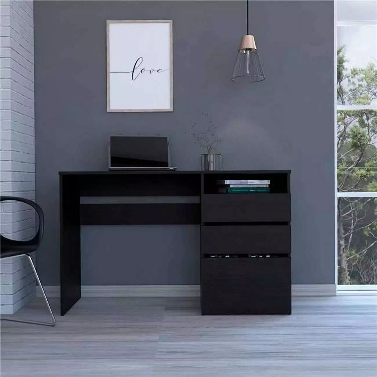 HomeRoots 403805 Echo Black Computer Desk Three Drawers