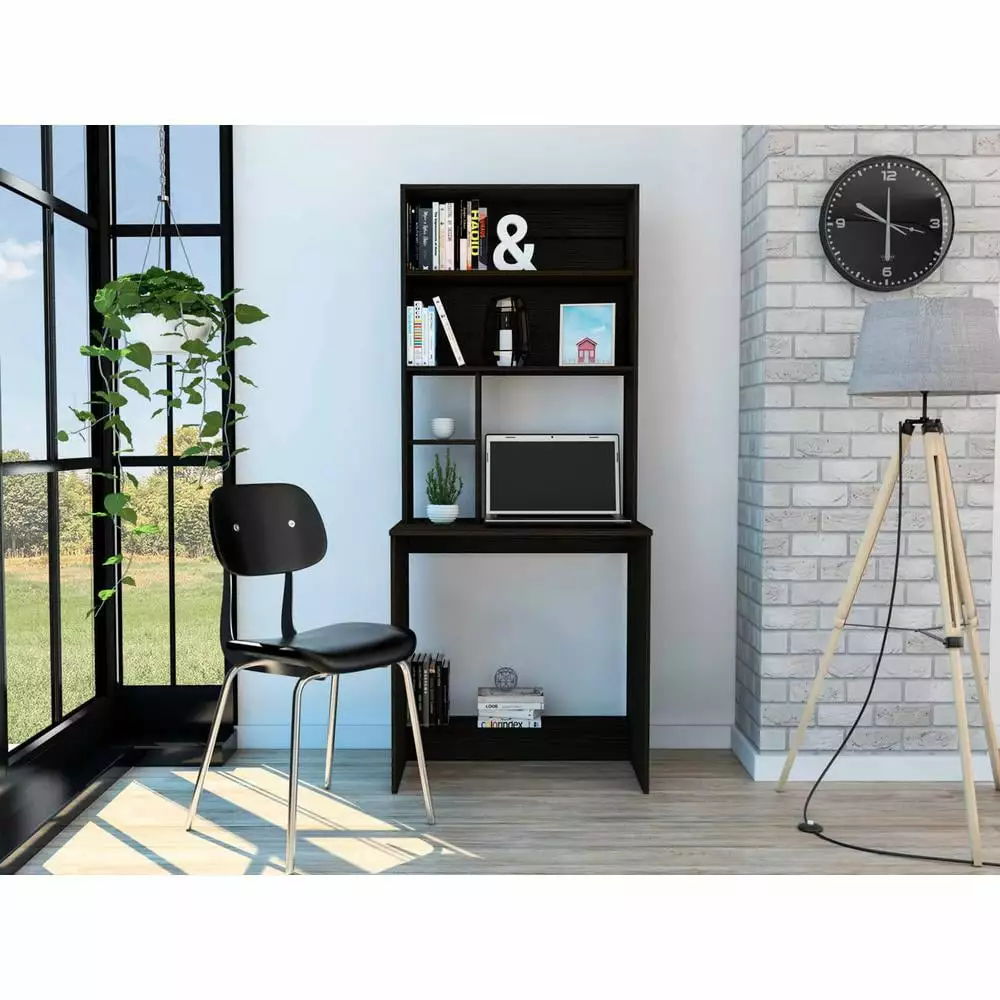 HomeRoots 403828 Milo Black Computer Desk Hutch - Sleek Modern Workstation Home Office