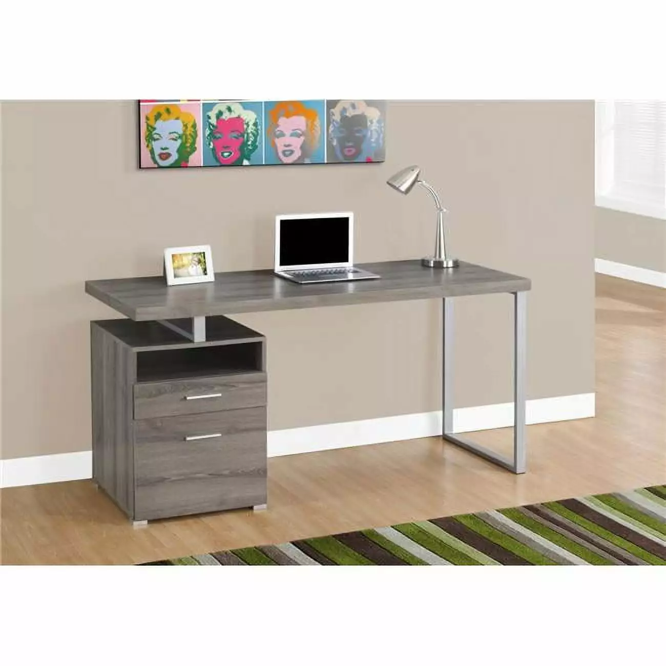 HomeRoots 30 . Dark Taupe Particle Board & Silver Metal Computer Desk