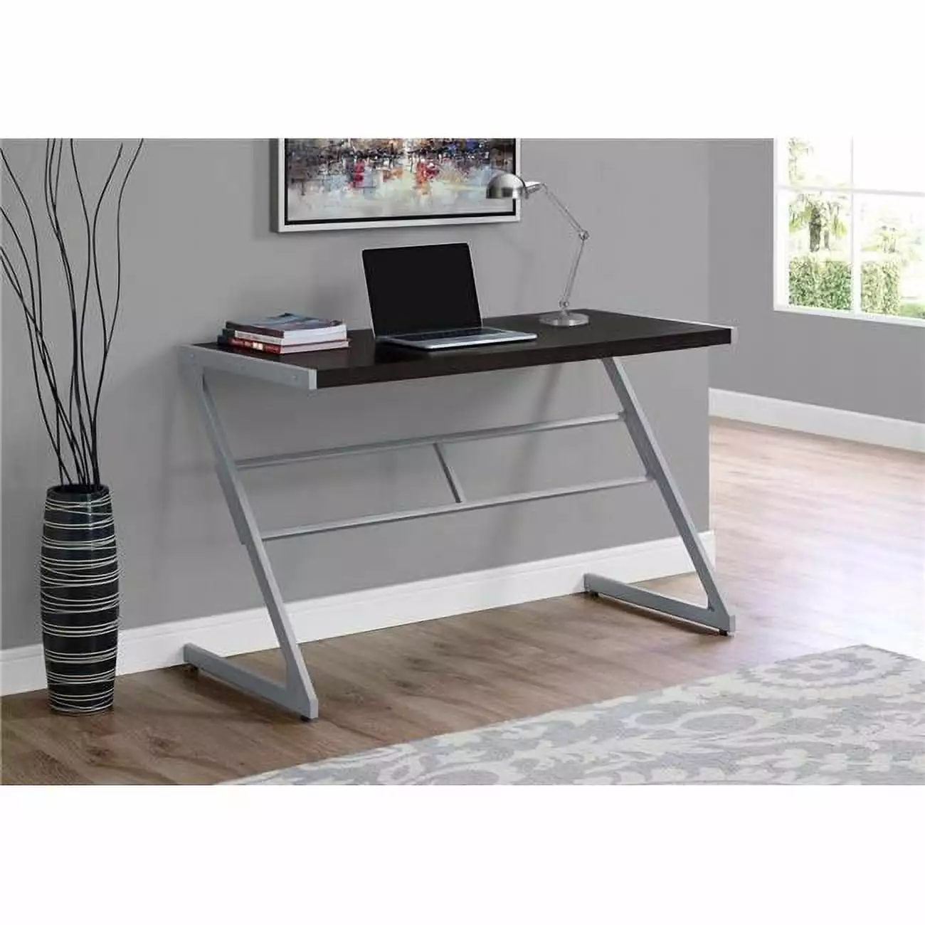 HomeRoots 30 Inch Cappuccino MDF Silver Metal Computer Desk Compact Workstation