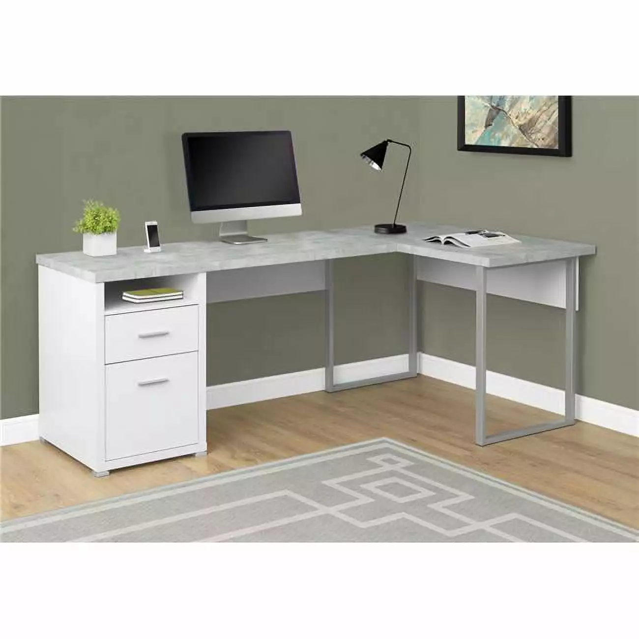 HomeRoots 80 White Cement-Look Left-Right Face Computer Desk - Modern Large Workstation