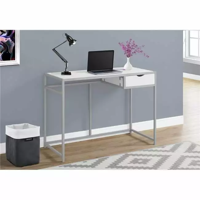 HomeRoots 30 . White MDF & Silver Metal Computer Desk - Modern Home Office Furniture
