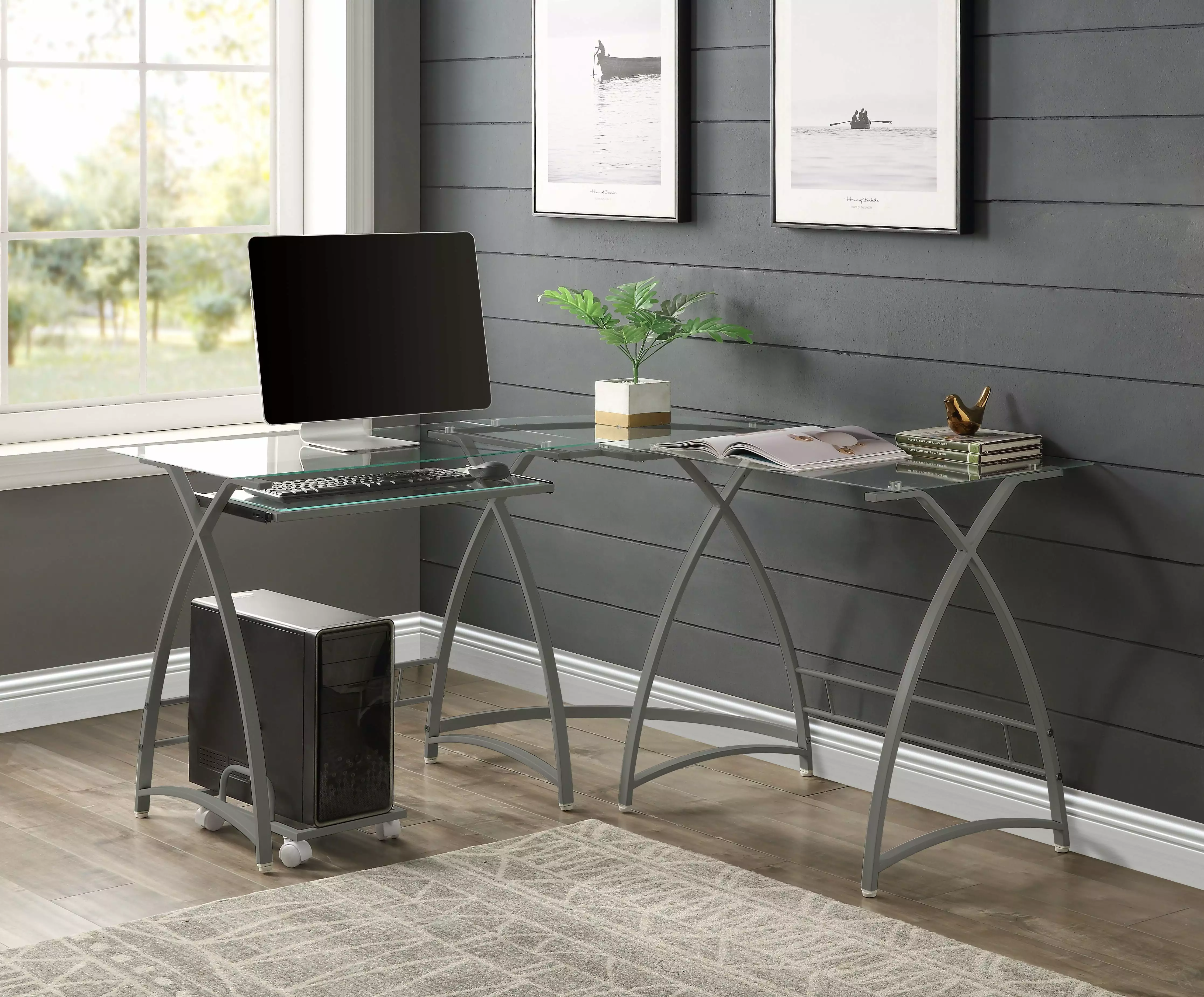 Homiyad Clear Glass and Silver Finish Computer Desk Home Office Study Work