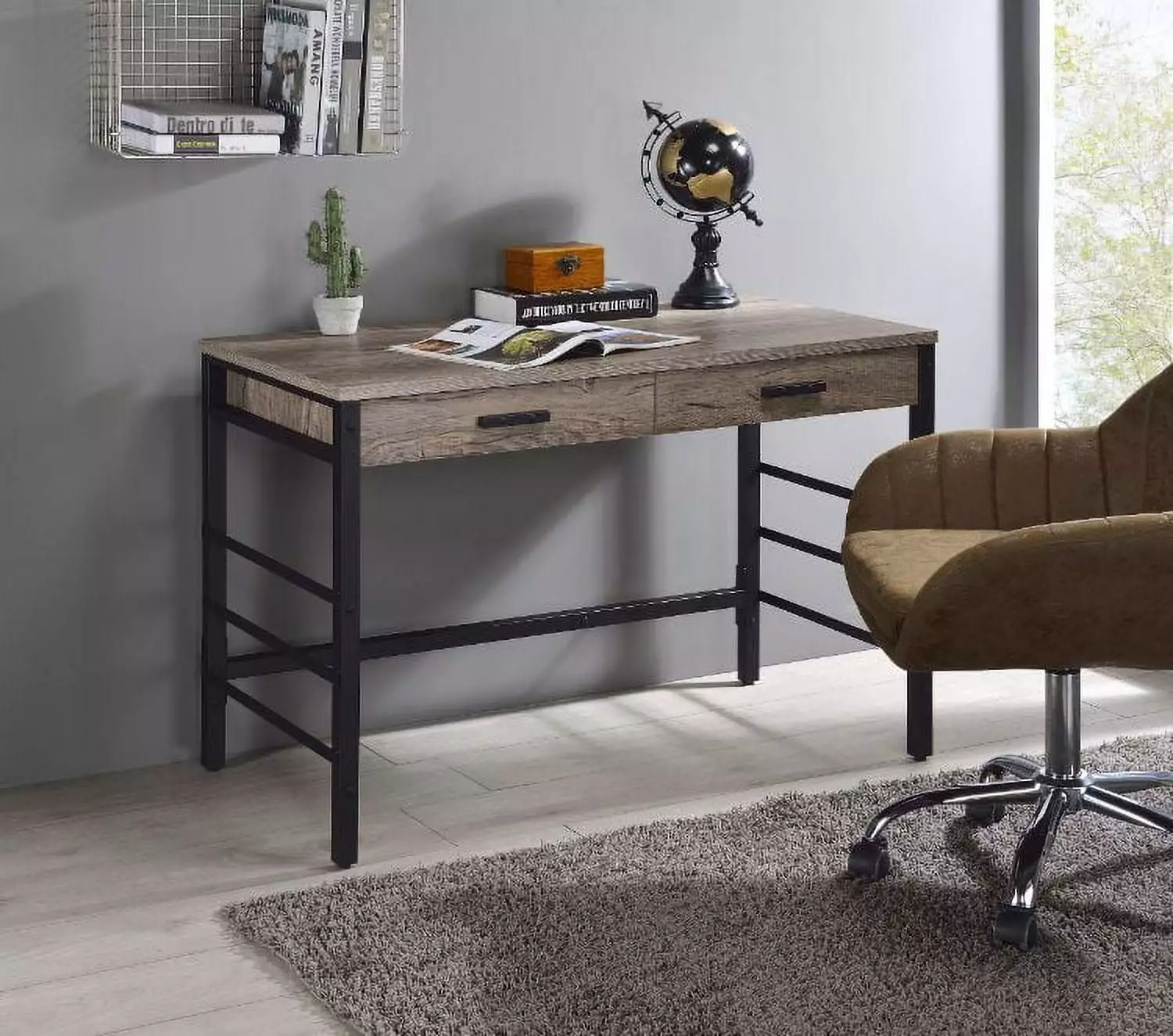 Homiyad Writing Desk Built- USB Port Light Weathered Oak Black Finish