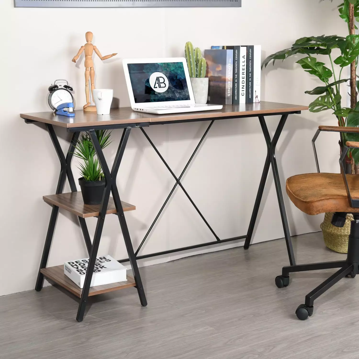 Homylin 47.2 Inch Computer Desk 3 Storage Shelves Compact Wood Board Counter Adults