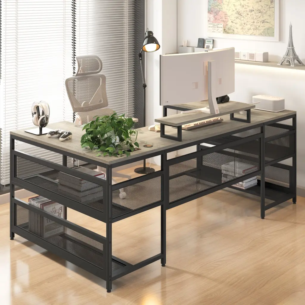 U Influenced Desk Shelve And LED Lights Gray MDF Modern Study Desk hs furniture