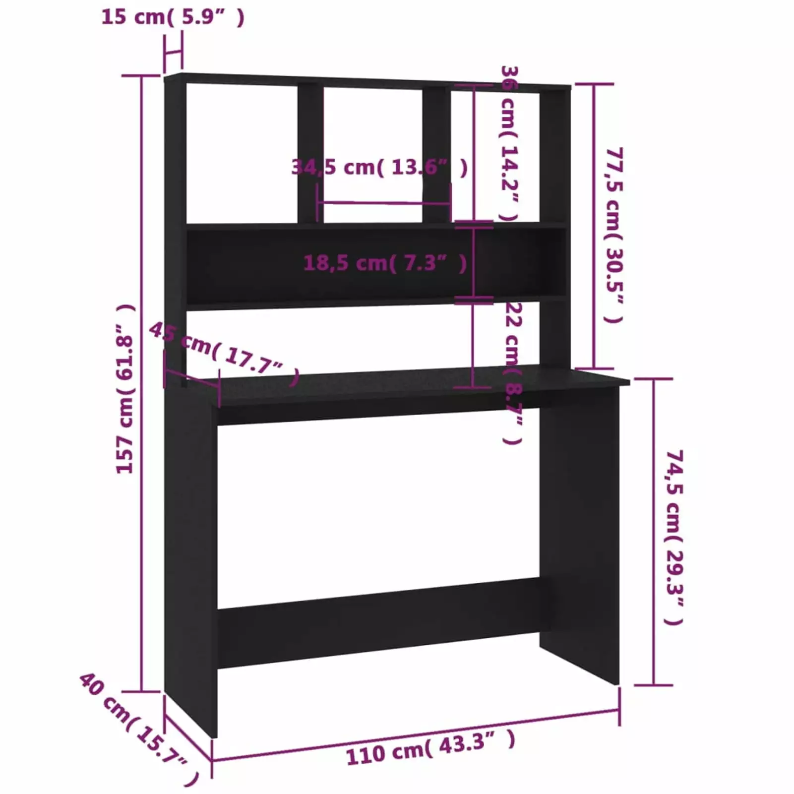 Irfora 43.3x17.7x61.8 Wood Computer Desk Shelves Drawers and Bookshelves Bedroom Office