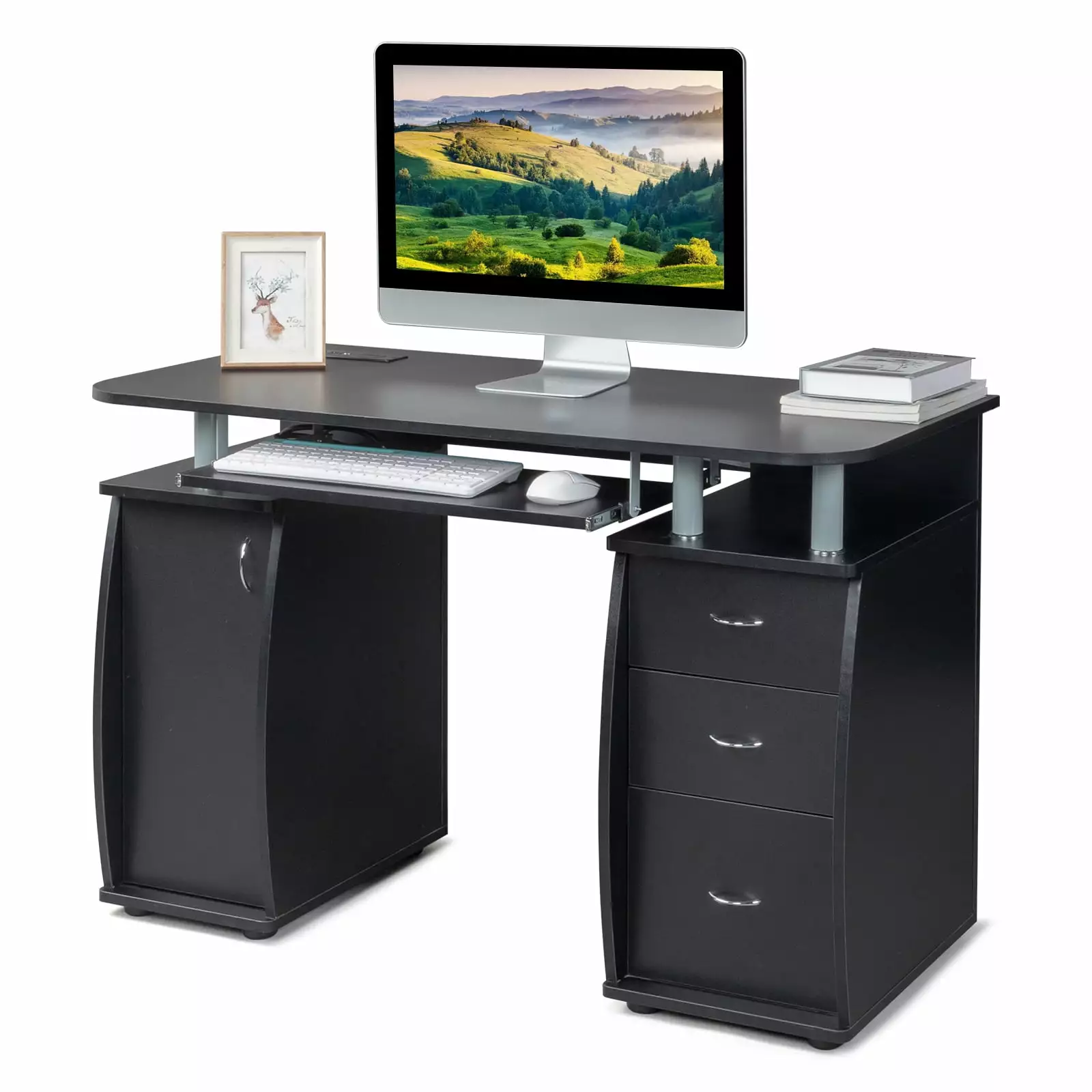 IVV Black Computer Desk Wood Computer Workstation 1 Door 3 Drawers Keyboard Tray