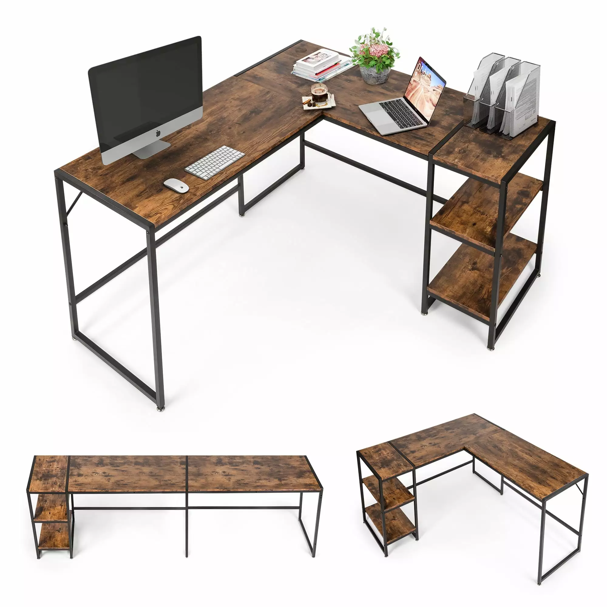 Karmas Product 57.9 inches L-Shaped Desk Storage Shelves Corner Computer Desk