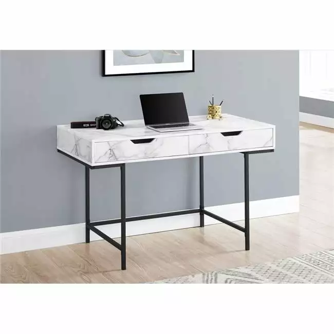 48 White Marble Look Computer Desk Black Metal Contemporary Office Desk KD Cuna