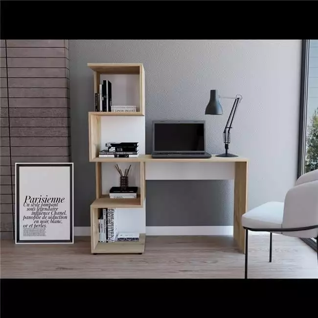 Delhi Desk Bookcase and 4 Storage Shelves Light Oak White Home Office Furniture KD Marco de la cama