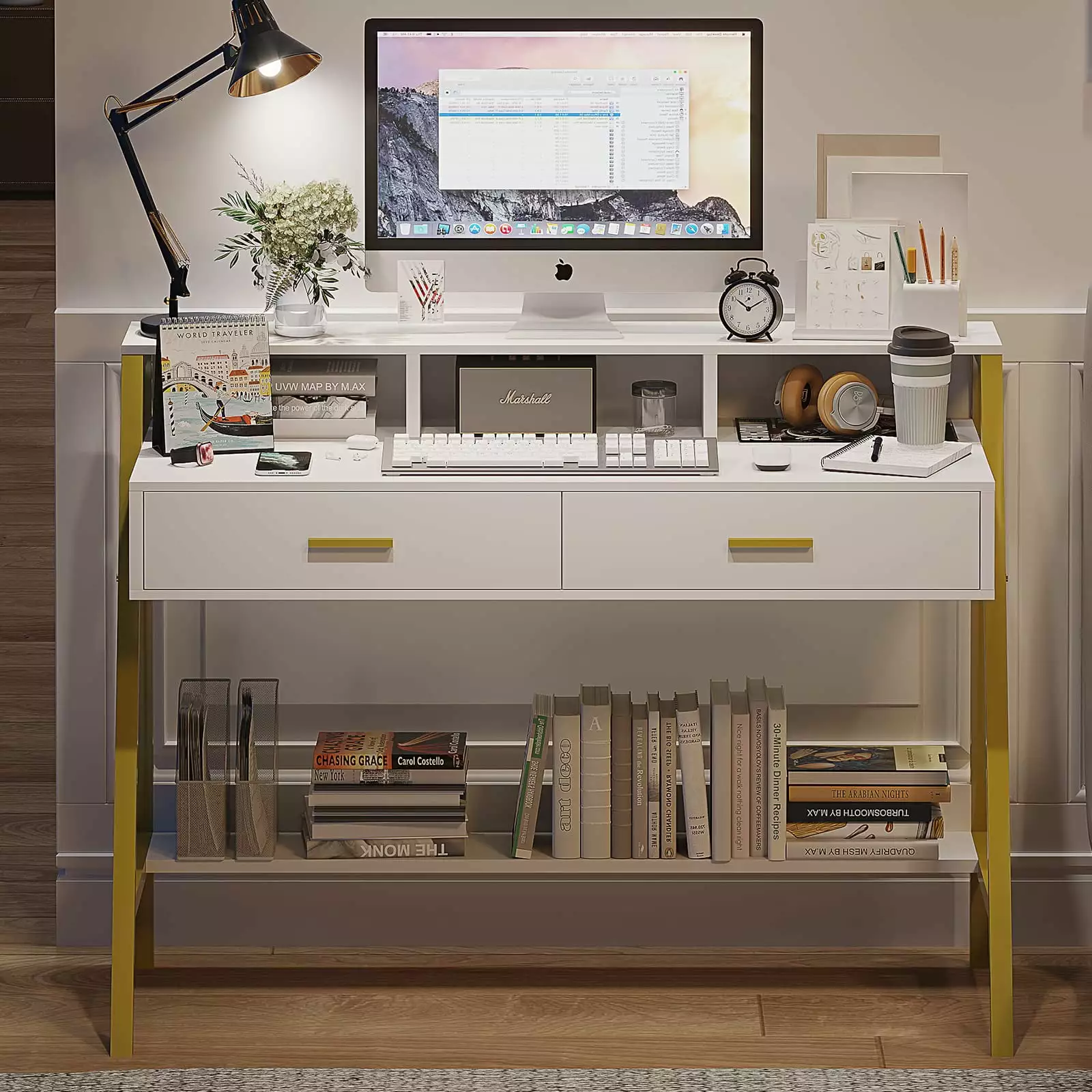 Modern Computer Desk Drawers Home Office Desk Monitor Stand Built- Hutch White Kicode