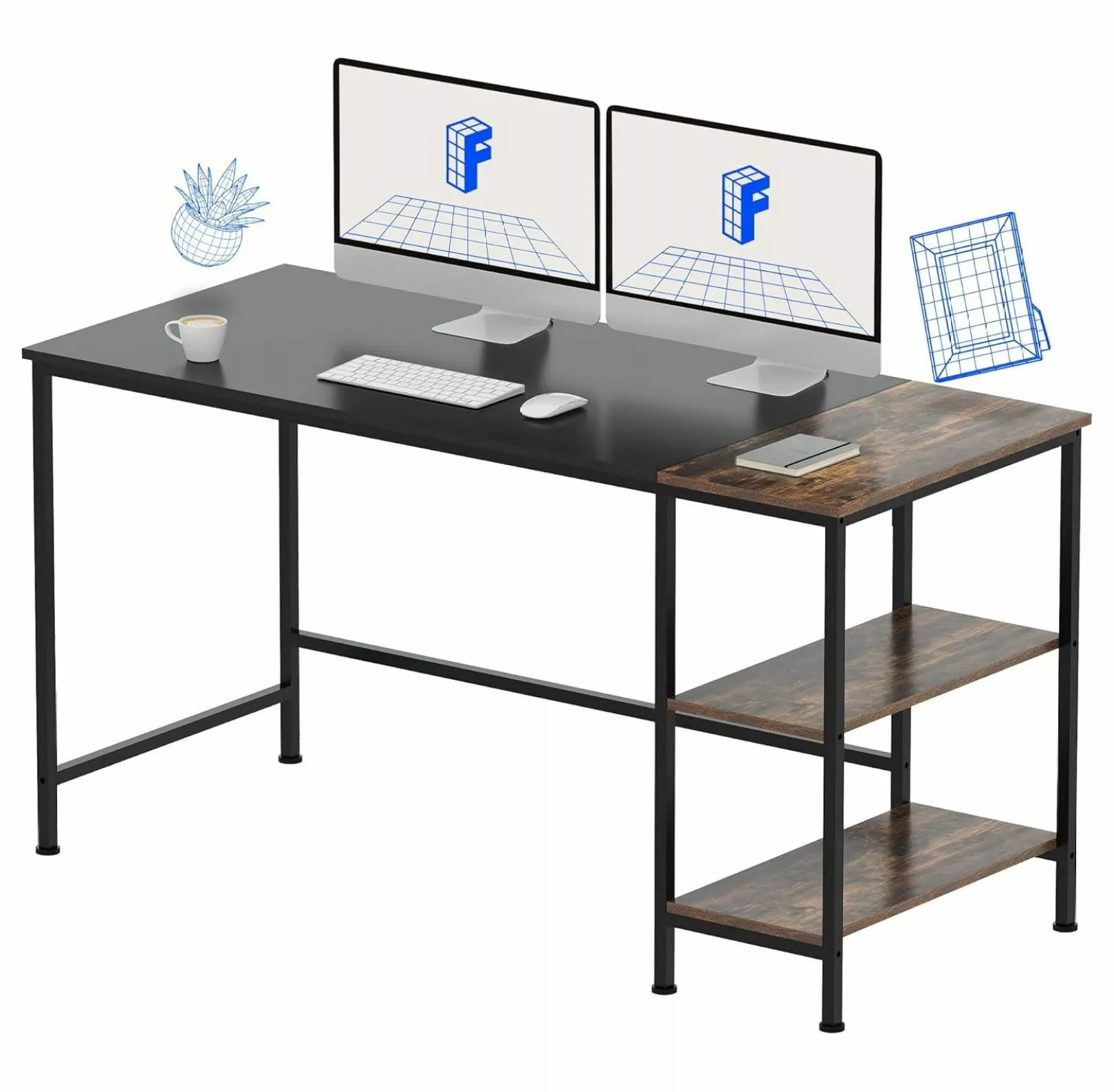 Killeryuki 55 Inch Computer Desk Reversible Storage Shelves - Black and Rustic Home Office Workstation