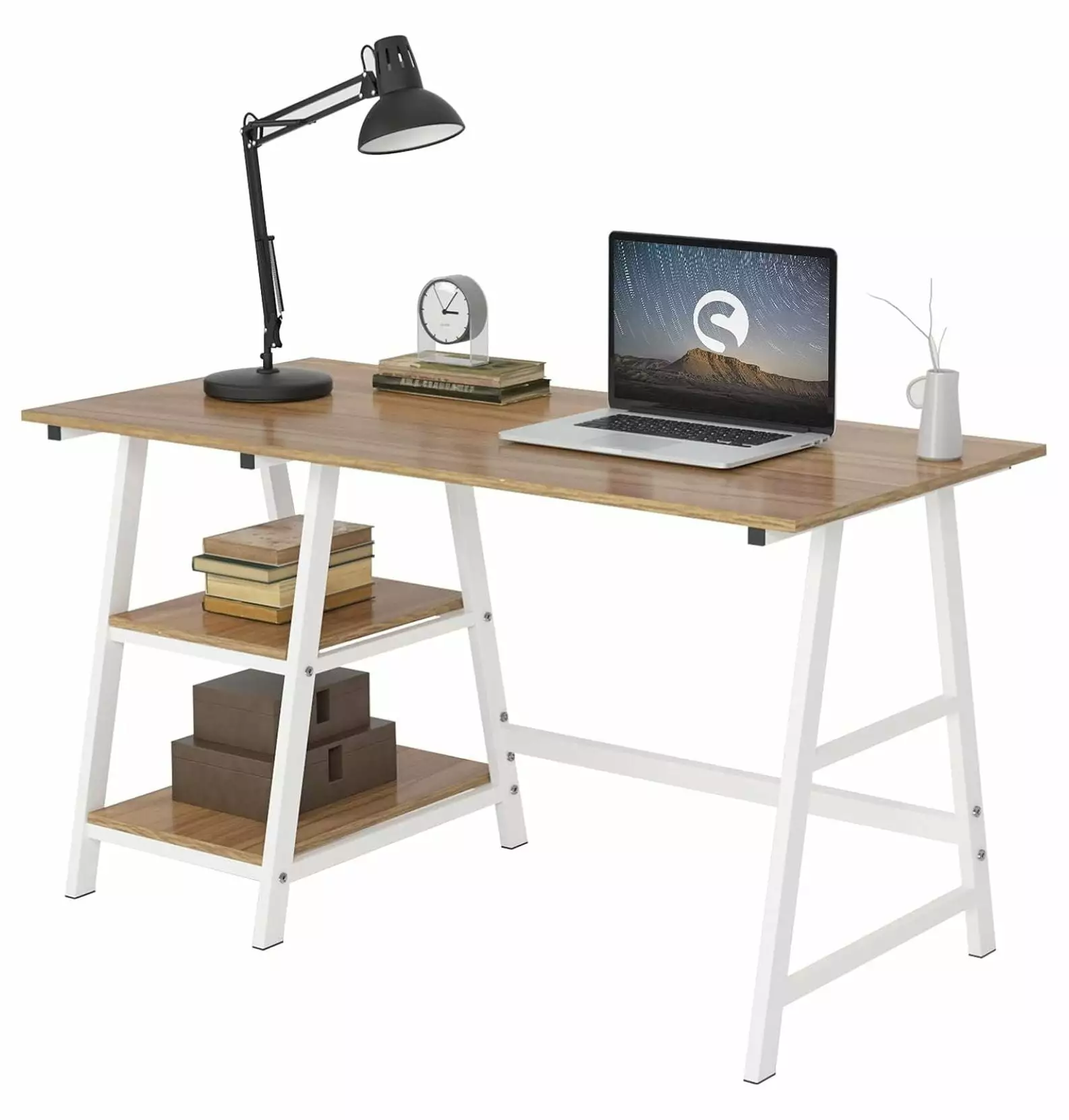 Killeryuki Trestle Desk 2 Shelves 47 Inches Reversible Storage Desk Home Office