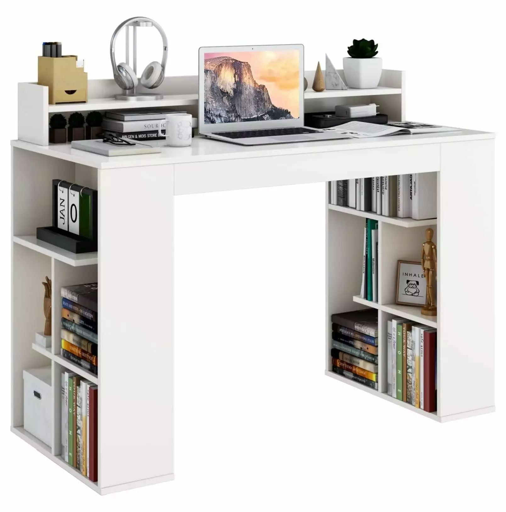Killeryuki White Desk Storage Bookshelf Home Office Computer Desk Dual 3 Tier Bookshelf & Monitor Shelf Study Writing Desk