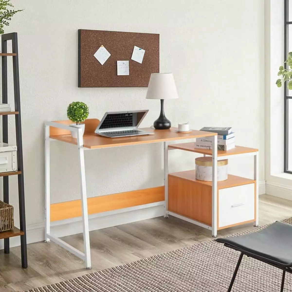 Knocbel Functional Wood Computer Desk USB Ports and Wireless Charging Beech Color