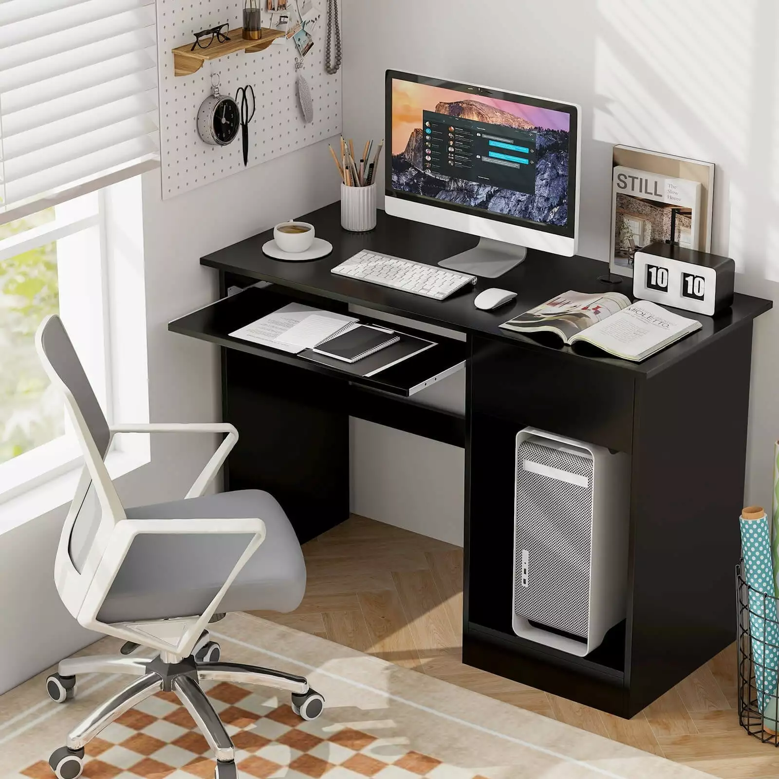Laicejoy Home Office Desk PC Table Pull-out Keyboard Tray and Storage Drawer Modern Computer Workstation