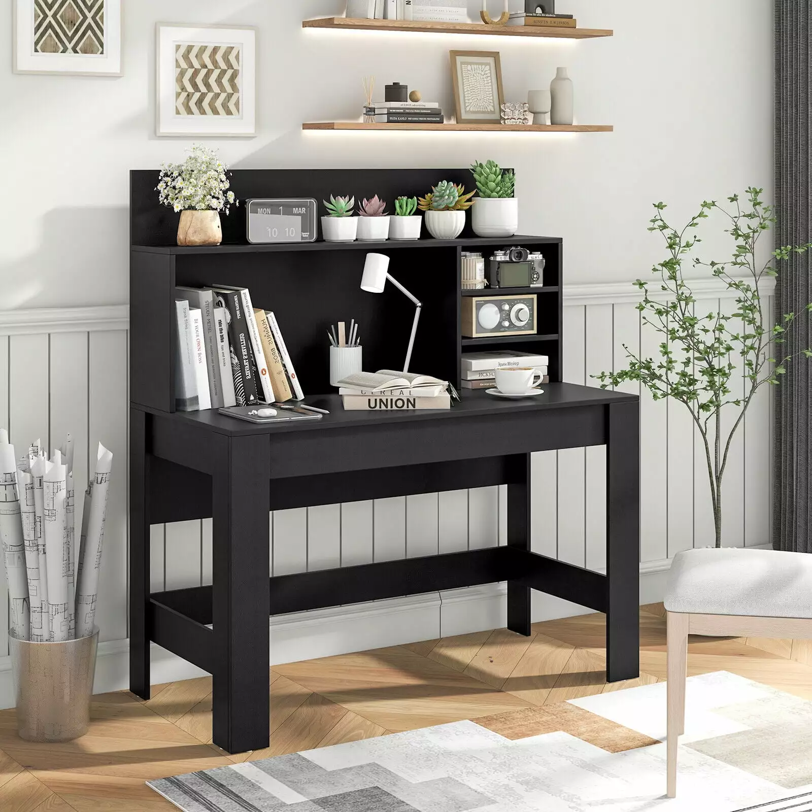 Black Laijoy Home Office Computer Desk Study Table Hutch and Cable Hole