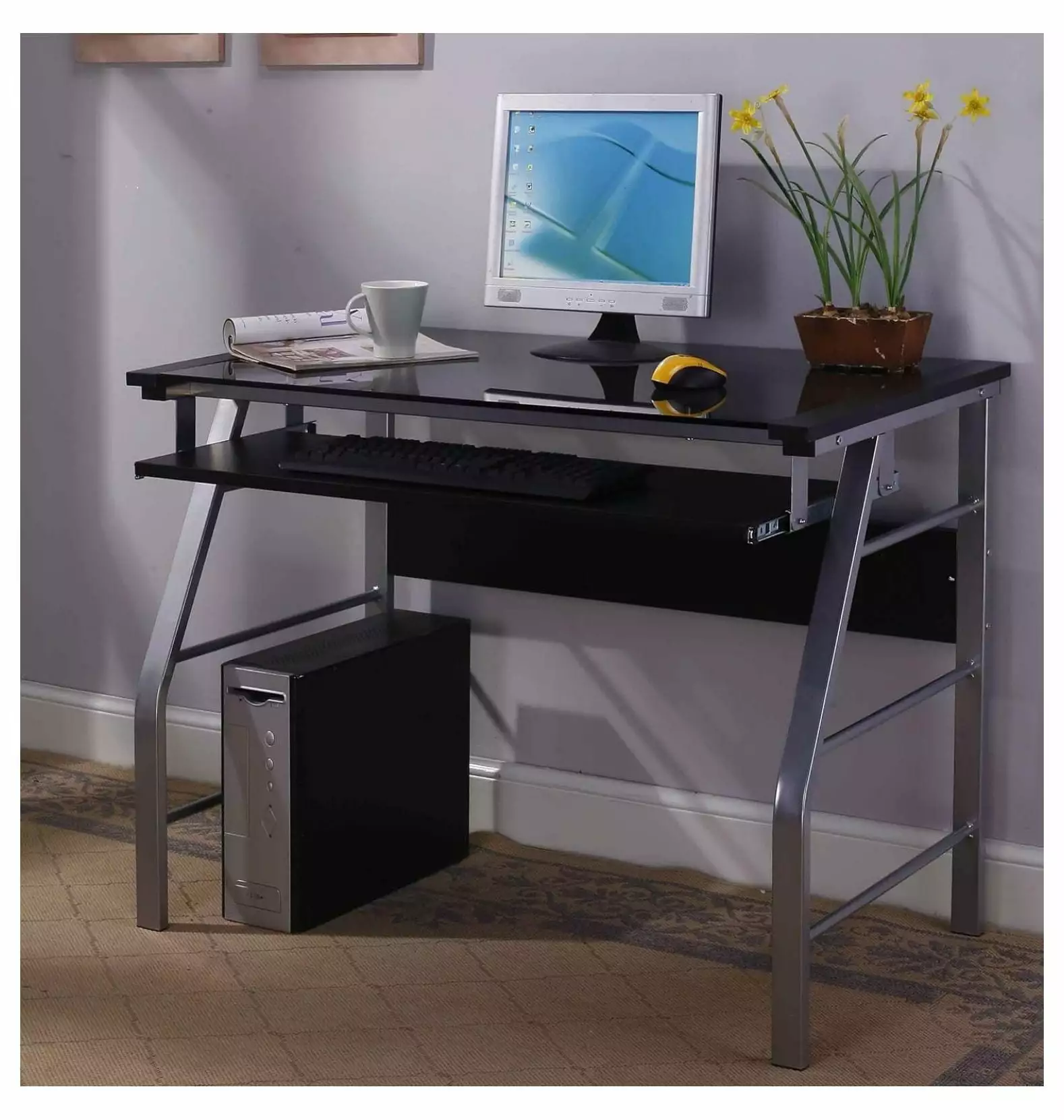 LeCeleBee Glass and Metal Home Office Computer Workstation Desk Silver Finish