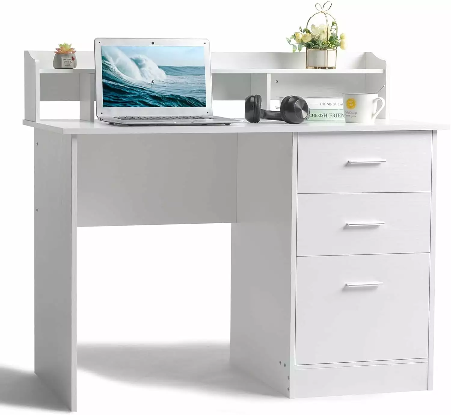 White Computer Desk Drawers and Hutch - Modern Home Office Desk Kids Students Teens - Small Wood Table Work Study Gaming W...