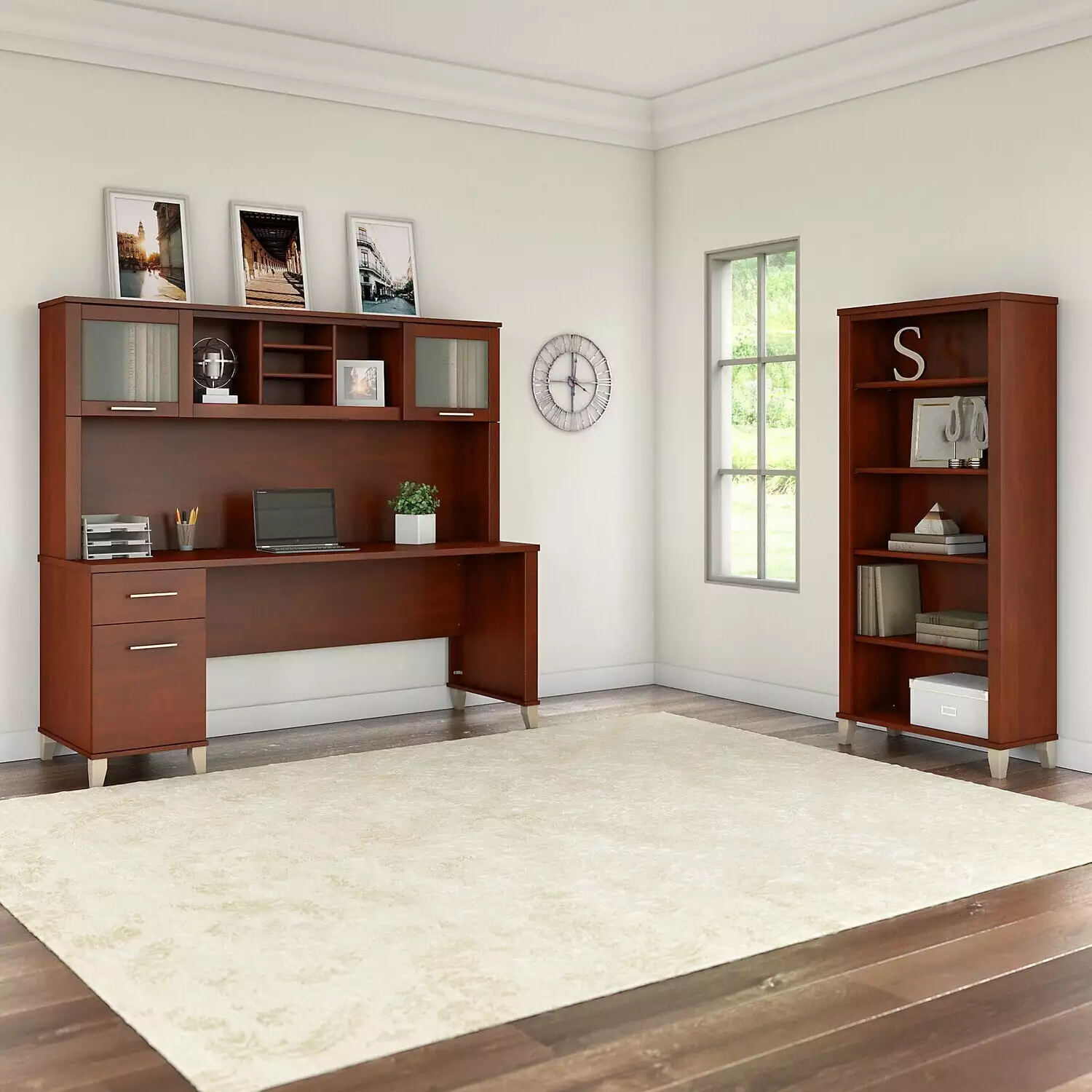 Maykoosh Island Interiors 72W Storm Gray Office Desk Hutch and 5 Shelf Bookcase