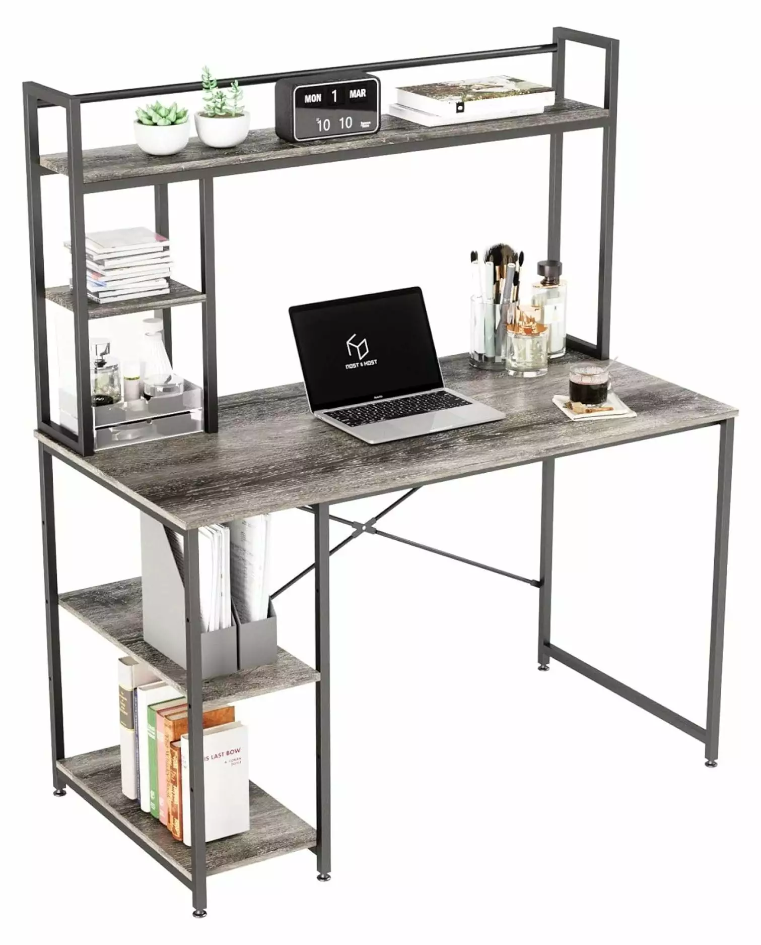 47.2 Inch Gray Computer Desk Hutch and 2-Tier Adjustable Shelves MiaHltTia