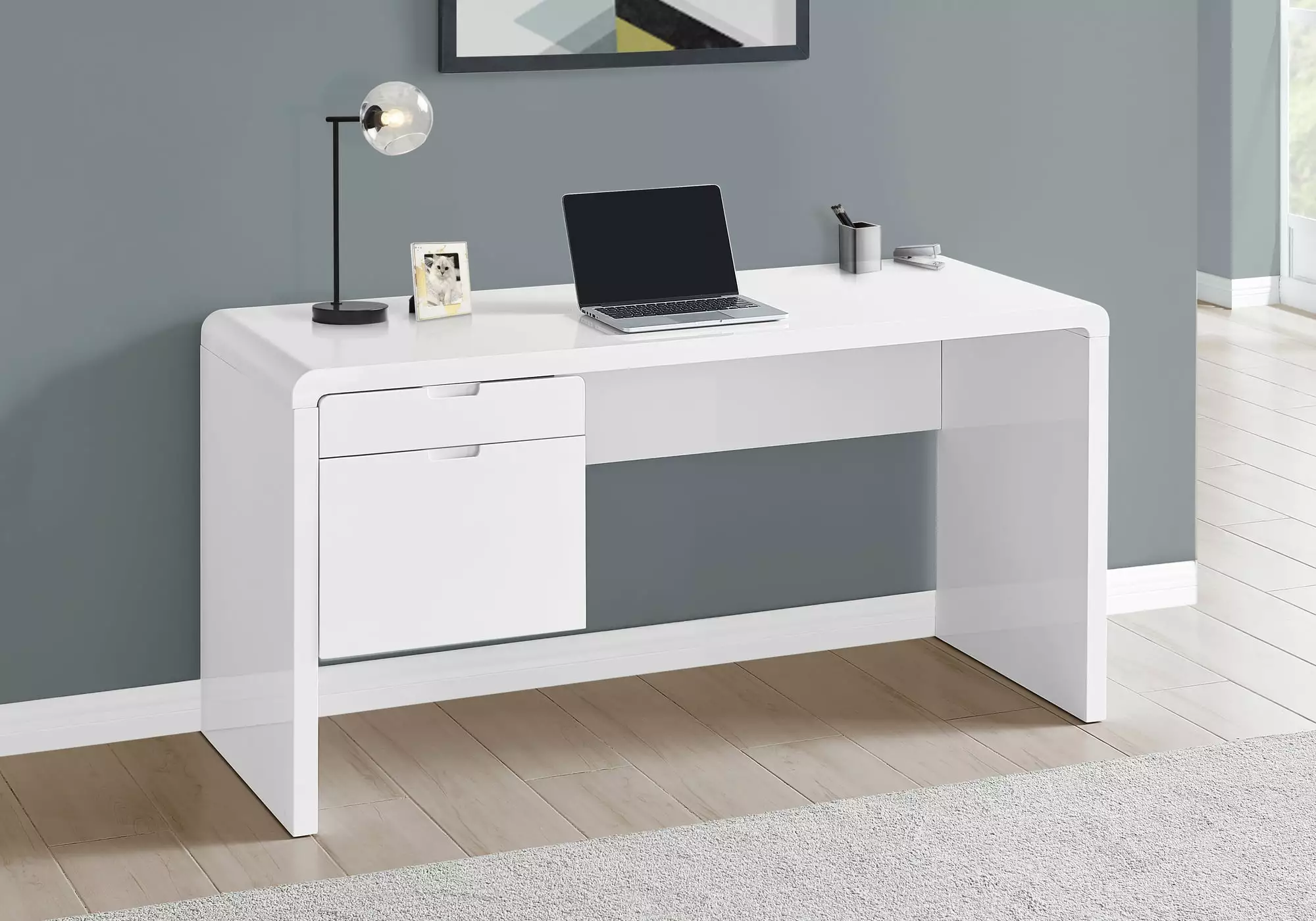 Monarch Specialties 60 Inch Glossy White Laminate Computer Desk Home Office and Laptop Work