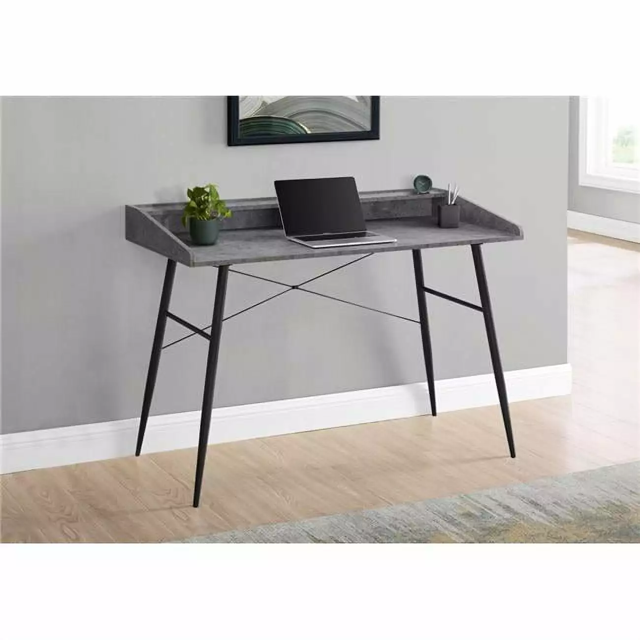Monarch Specialties 48 Inch Metal Computer Desk Grey Stone-Look Black Frame