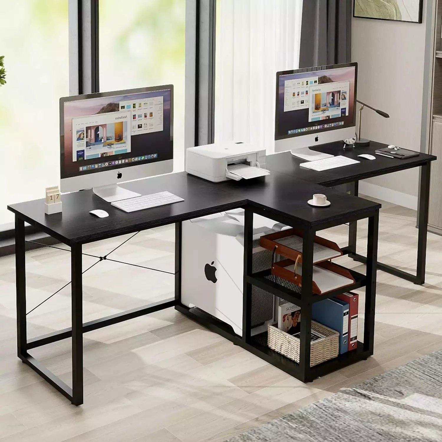 Natwind Two Person Desk Storage Shelves 92.5 Double Computer Desk PC Stand