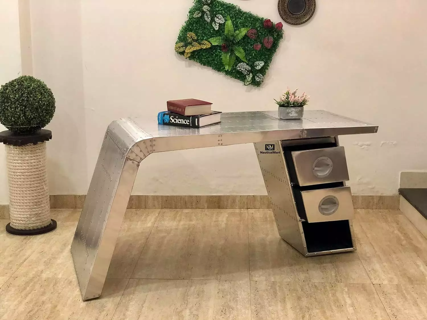 NauticalMart Aviator Wing Desk Aluminum Table Home Office Aviator Furniture Decor Two Drawer 78 Inches