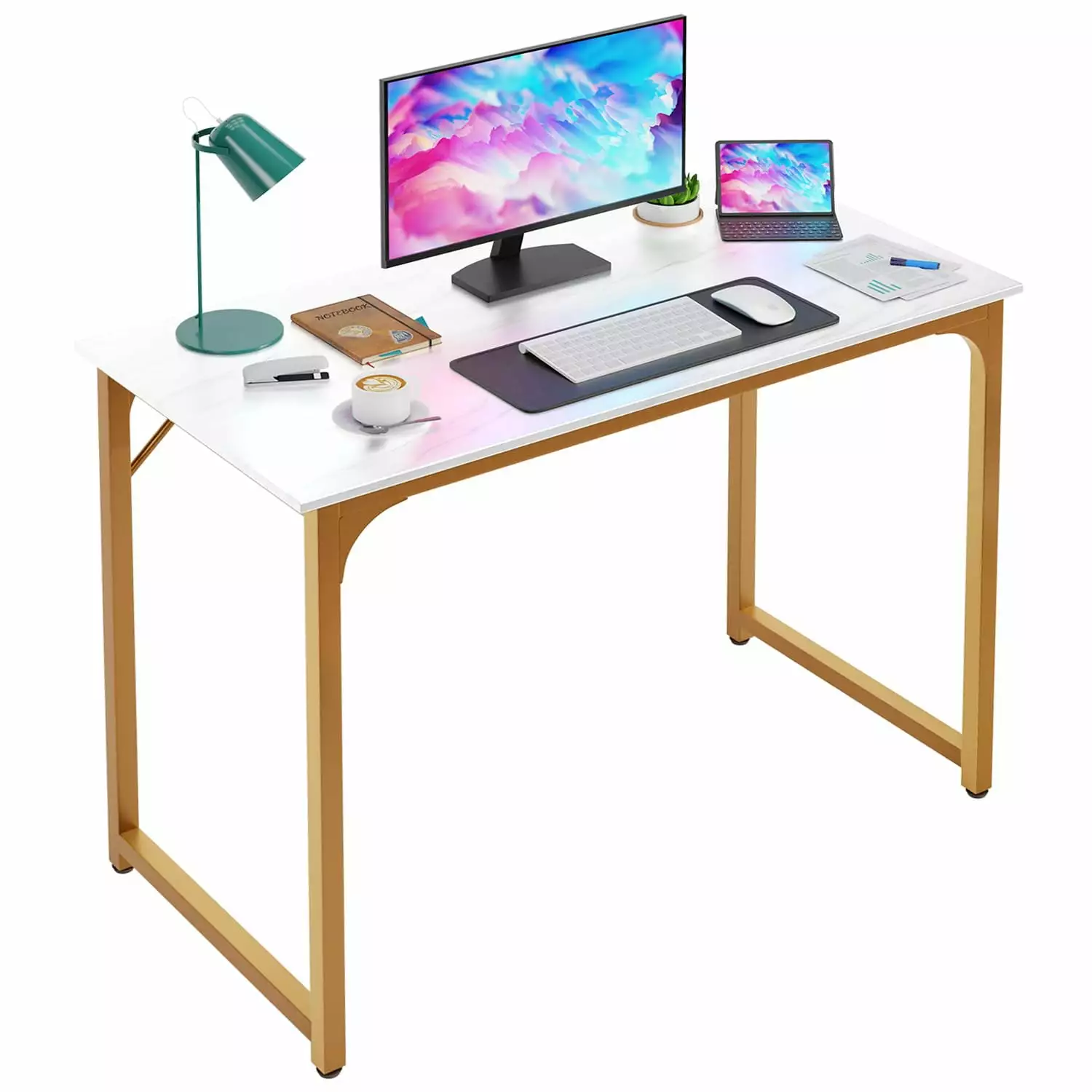 40 Inch Computer Desk Study Writing Table Small Space Saver Office Desk Gold Metal Legs NiamVelo