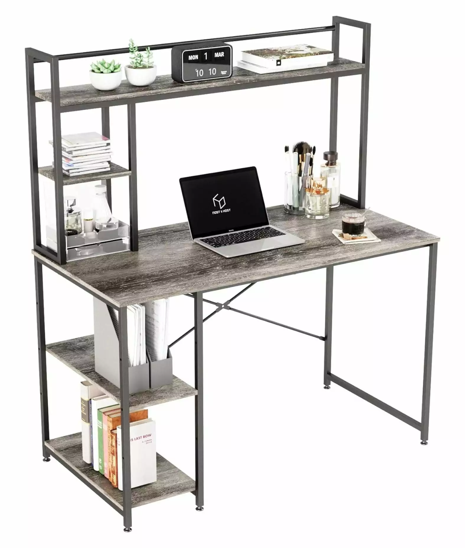 47.2 Inch Gray Computer Desk Hutch and 2-Tier Adjustable Shelves Home Office PaFagwy