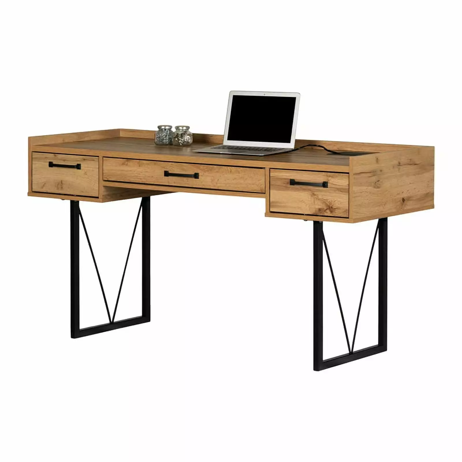 Pemberly Row Contemporary 59W Desk Drawers Nordik Oak and Brown