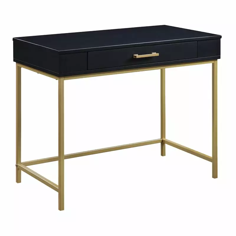 Pemberly Row Modern Desk Black Finish Gold Metal Legs