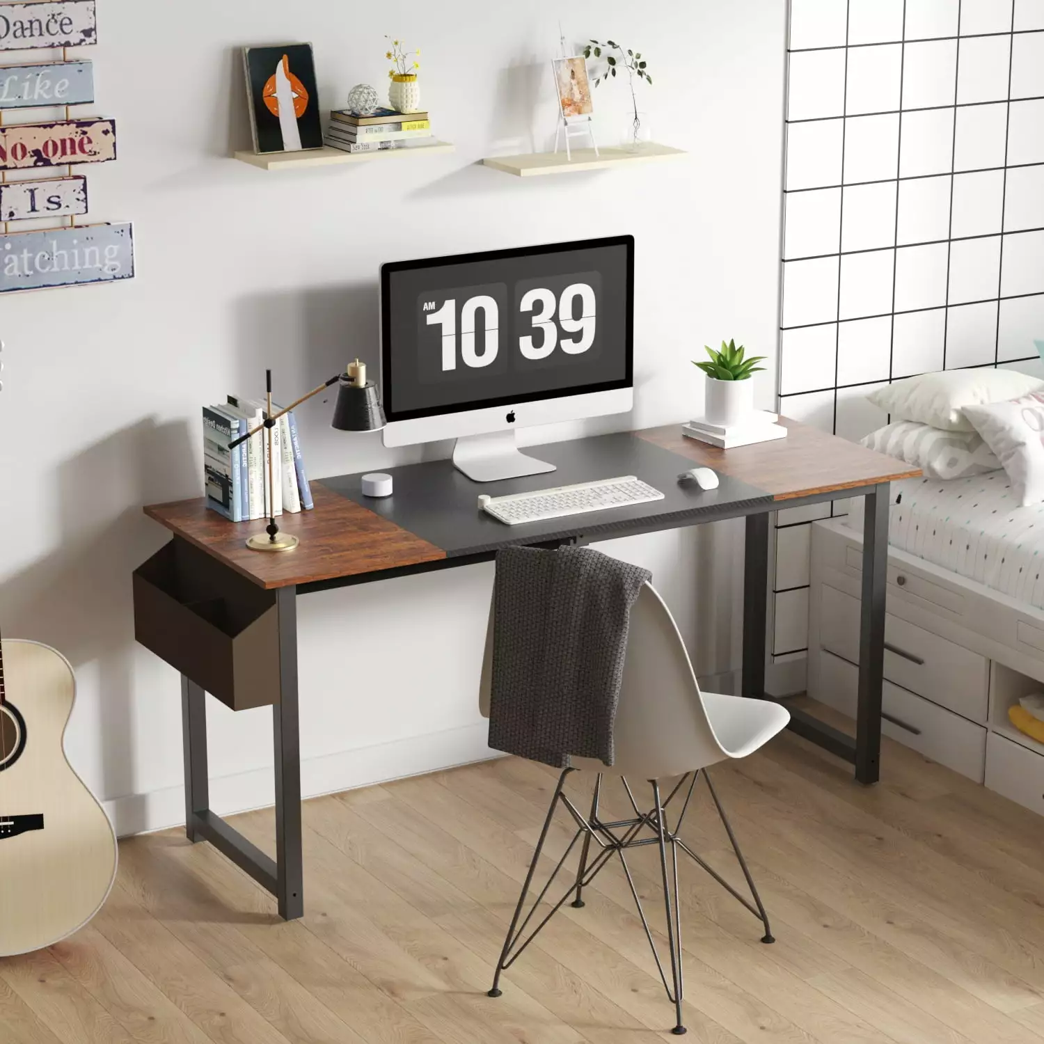 63 Inches Computer Desk Side Storage Bag and Hook Home Office Computer PC Laptop Table Easy Assembly Brown SAMTRA