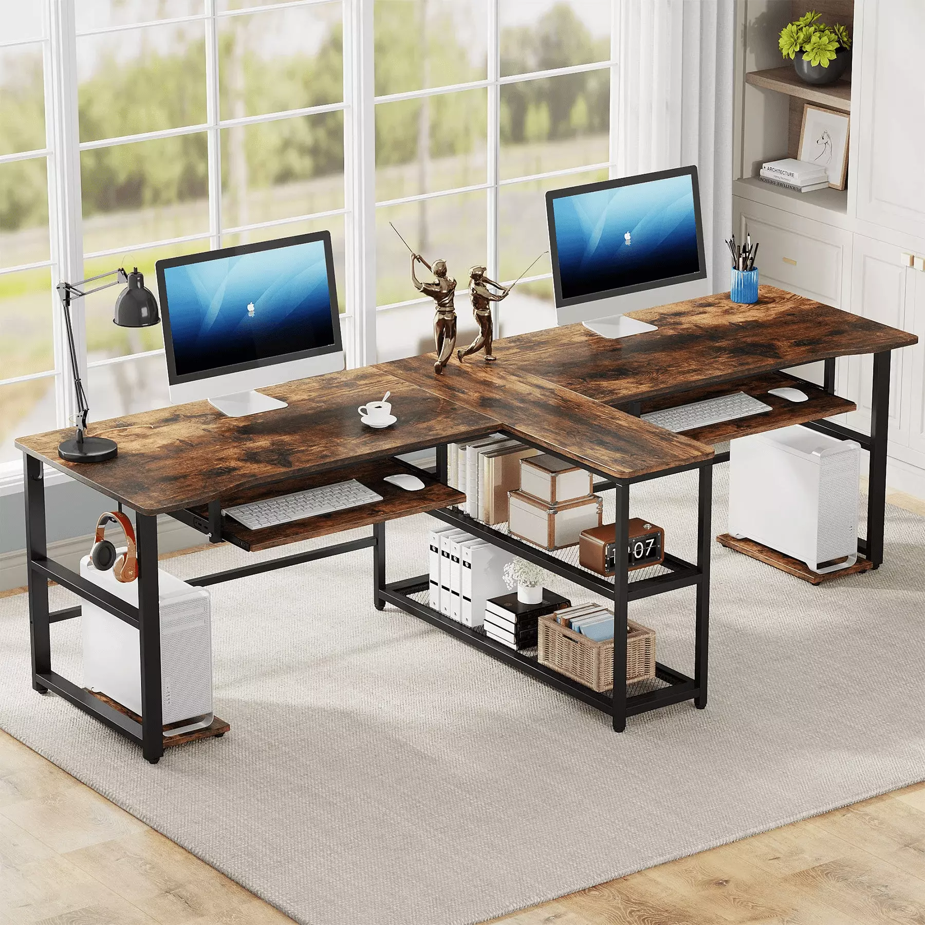 94.5 Inch Two Person Desk Double Computer Desk Keyboard Tray and LED Lights Sanshome