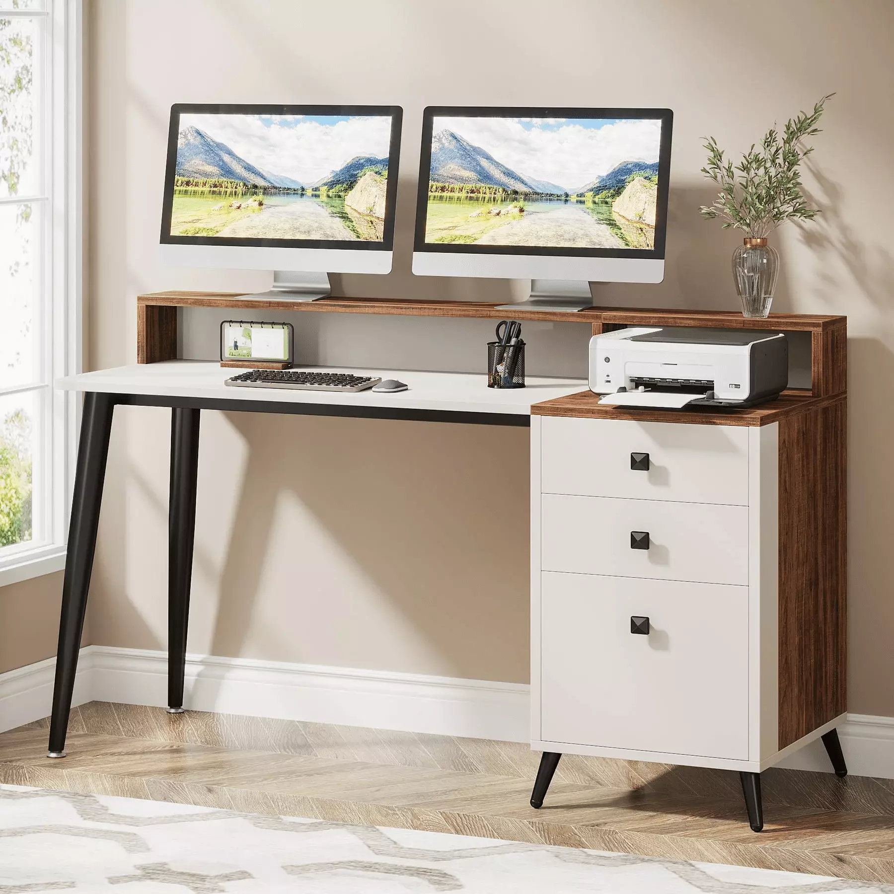 56 Computer Desk Study Table 3 Drawers and Monitor Stand Home Office Desk SANSWOOD