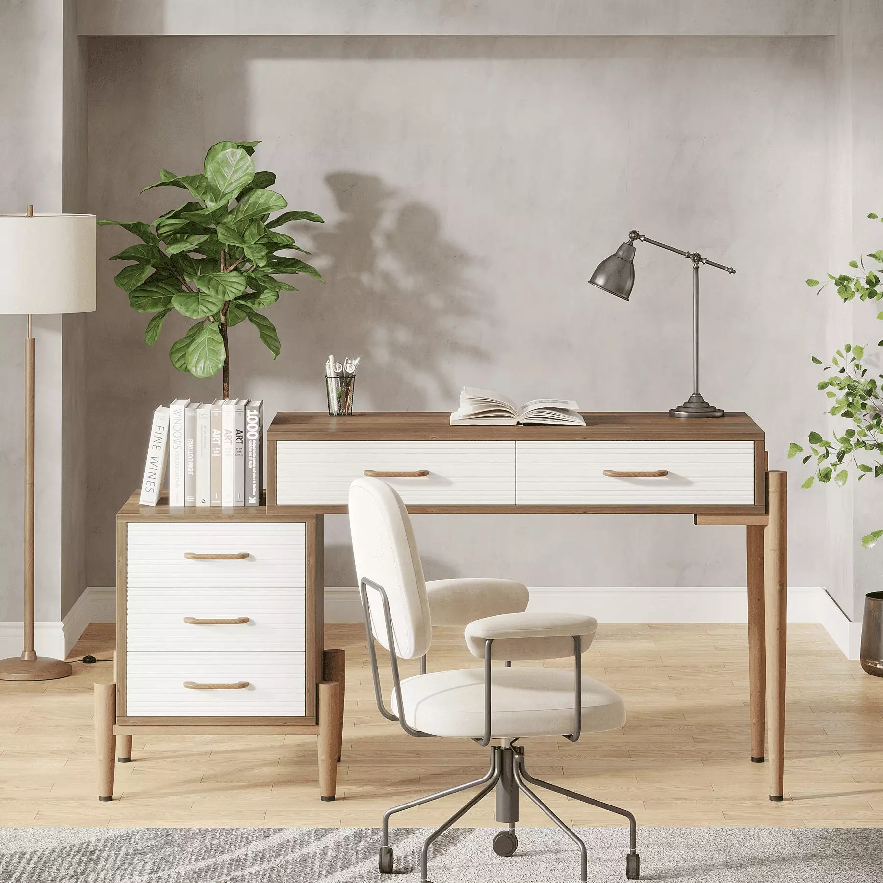 Modern Computer Desk 5 Drawers File Cabinet Home Office Desk sanswood