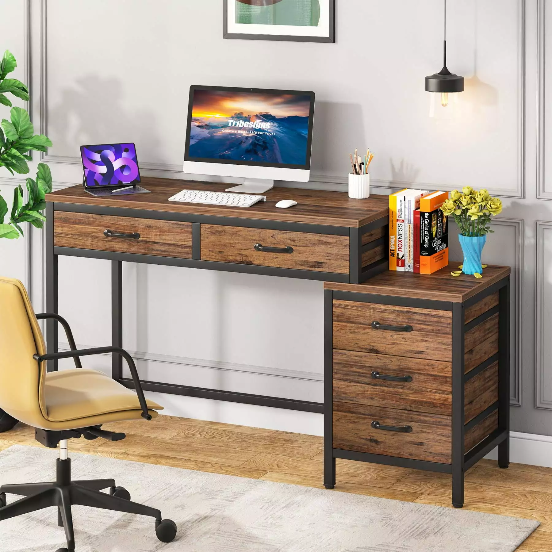 5-Drawer Computer Desk Study Writing Table Reversible Drawer Cabinet sanswoodshop