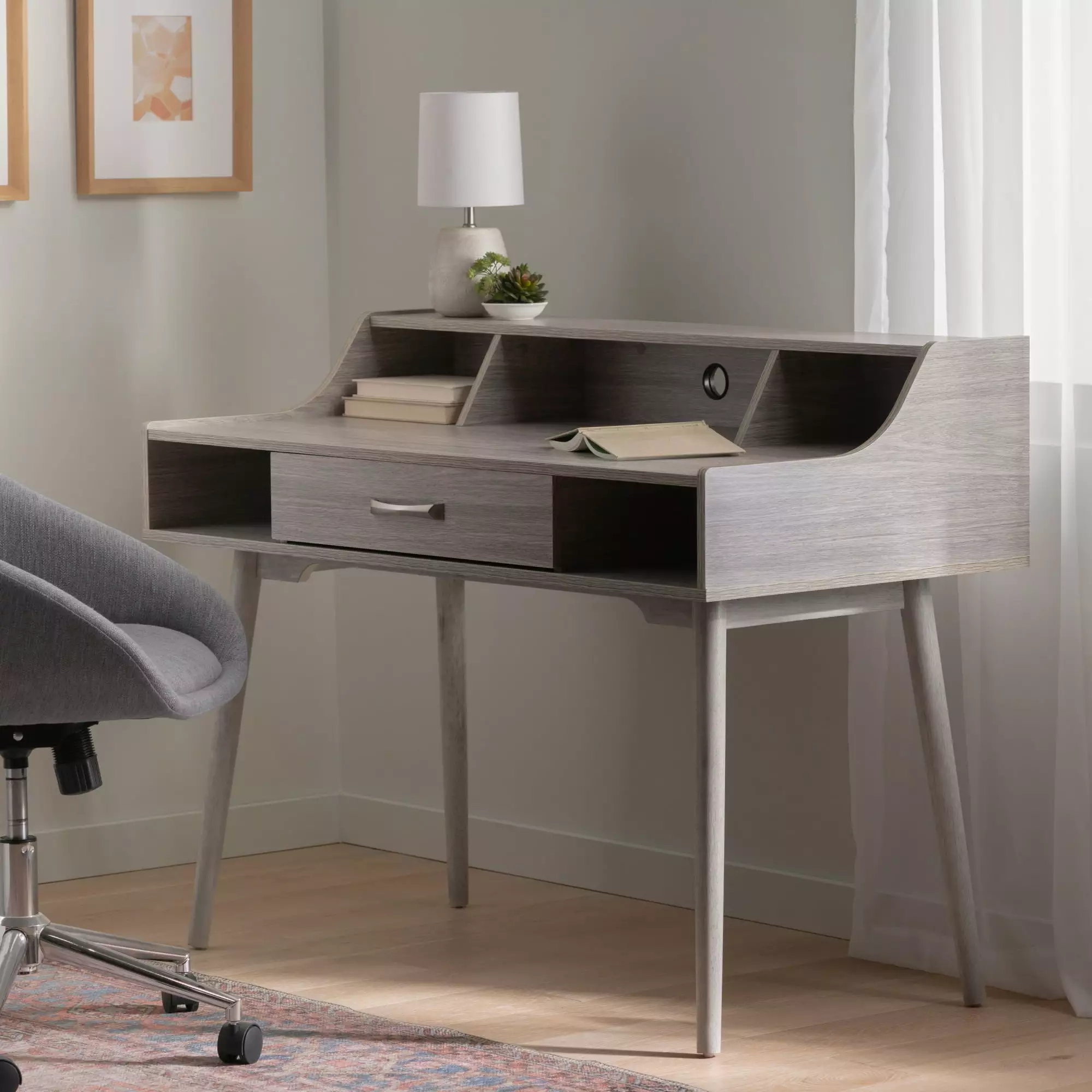 Modern Computer Desk Mid Century Study Desk Drawer and Open Shelf Grey Oak SEALODY