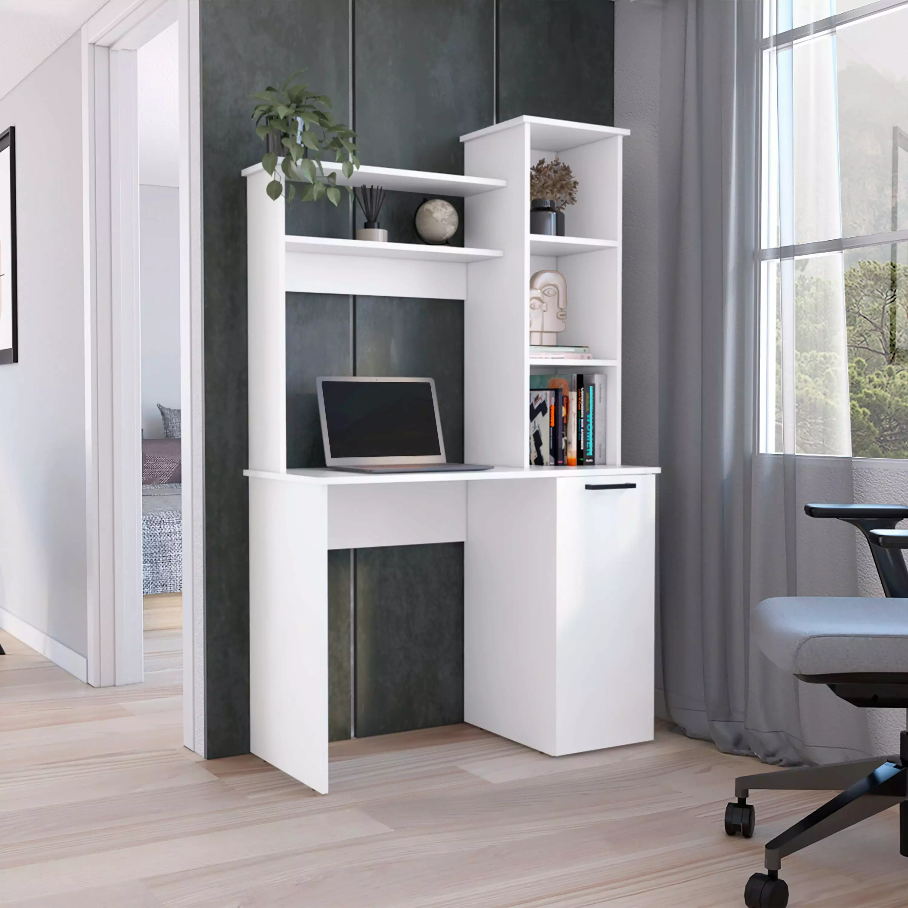 Computer Desk Ample Work Surface Hutch Storage Single Door Cabinet 3-Tier Shelves White Office Desk SMHZ