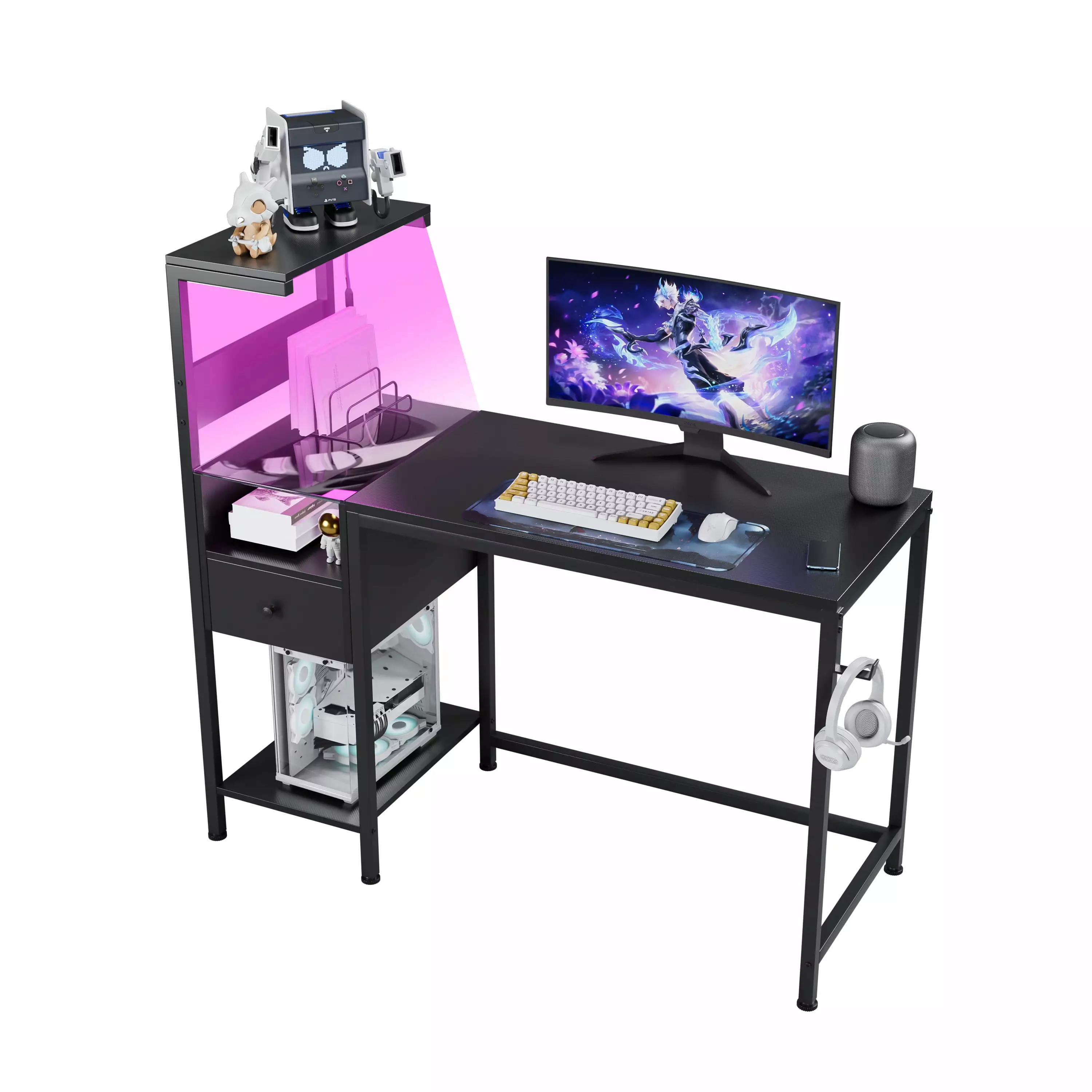 Computer Desk Power Outlet & Storage Shelves - Study Writing Table USB Ports Charging Station Black SMHZ